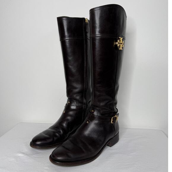 Tory Burch Eloise Riding Boots Dark Brown Leather Women’s 8M - Picture 5 of 11